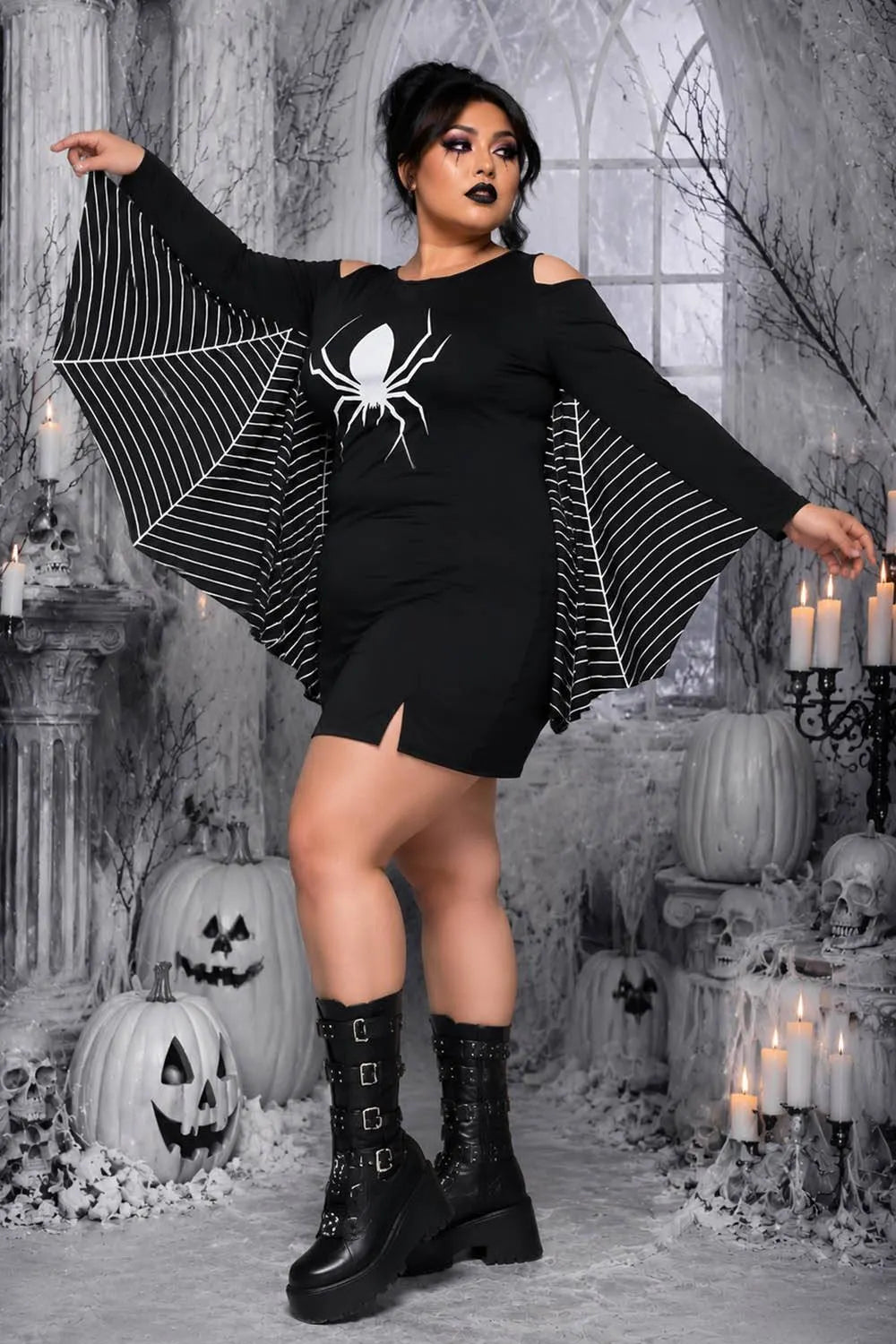 Halloween Costumes Black Spider Print Cold Shoulder Mini Dress (Only Dress)(Ships 24h)