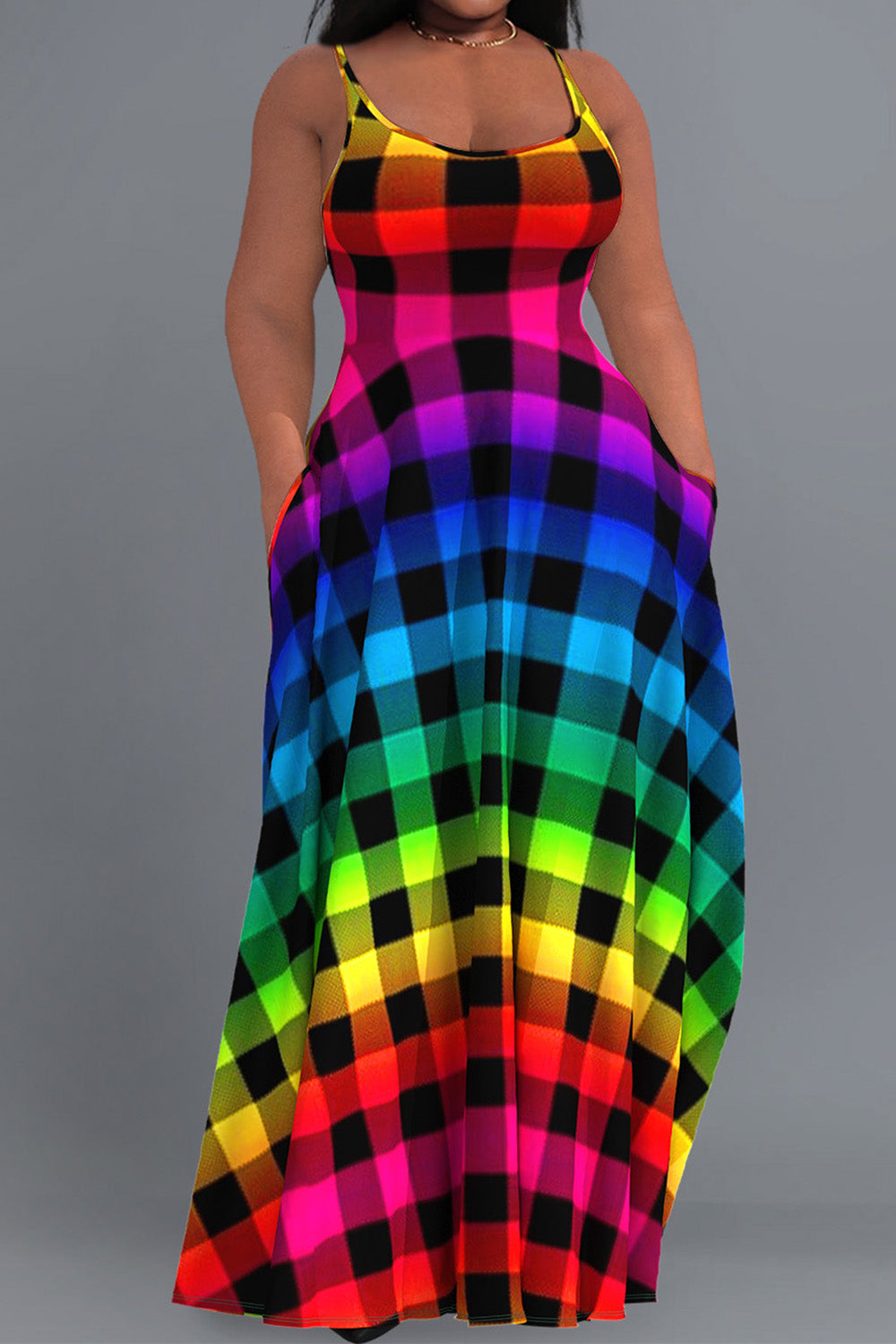Casual Sundress Rainbow Gradient Plaid Pockets Cami Maxi Dress