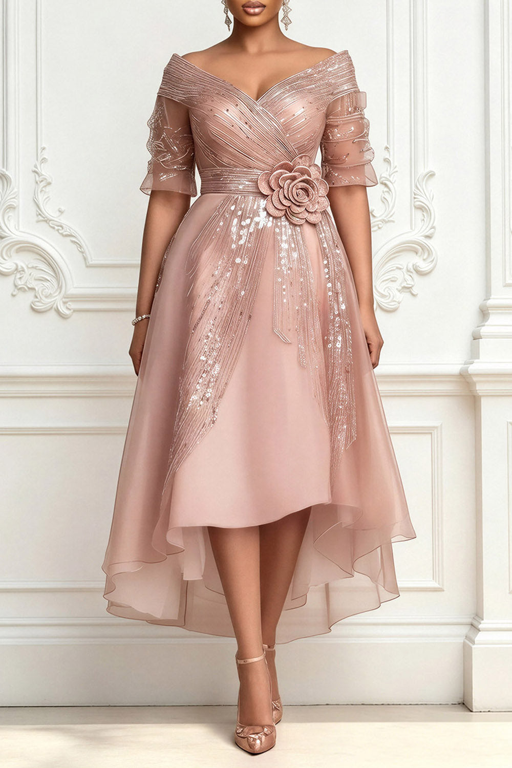 Wedding Guest Pink Wrap Neck Half Sleeve Asymmetric Hem Midi Dresses