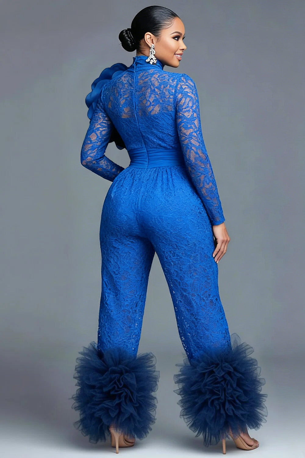 Blue High Collar Long Sleeve 3D Elegant Pocket Lace Jumpsuits