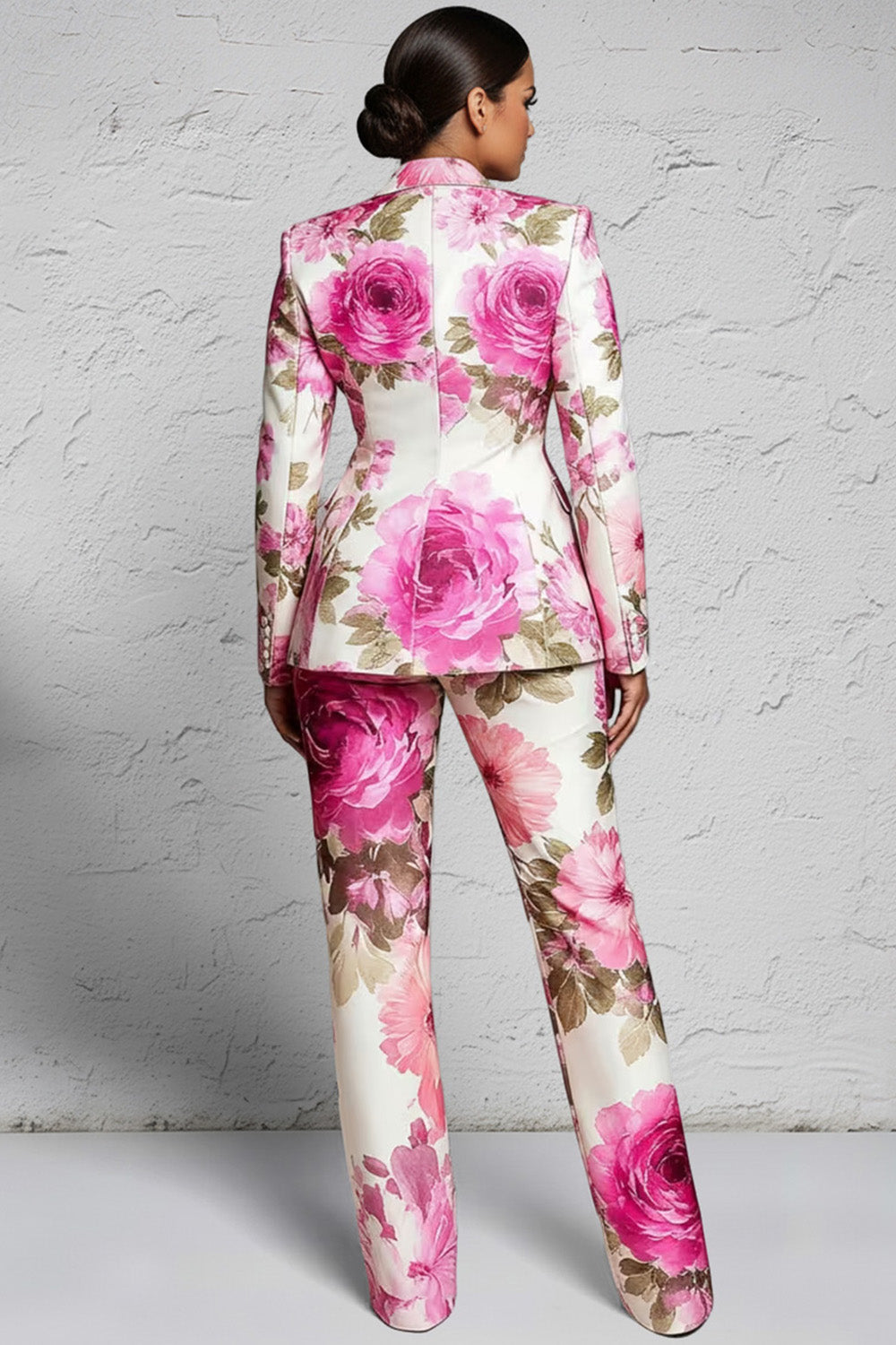 Yellow Floral Lapel Collar Long Sleeve Pocket Two Piece Pant Suits