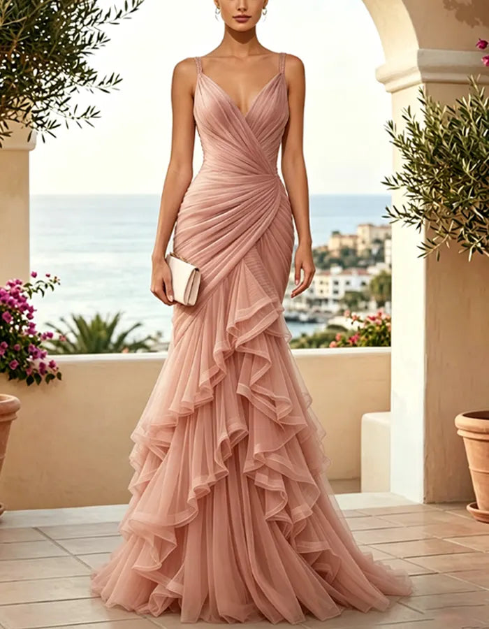 Dusty Pink Tulle Ruffle Mermaid Spaghetti Straps Maxi Dress