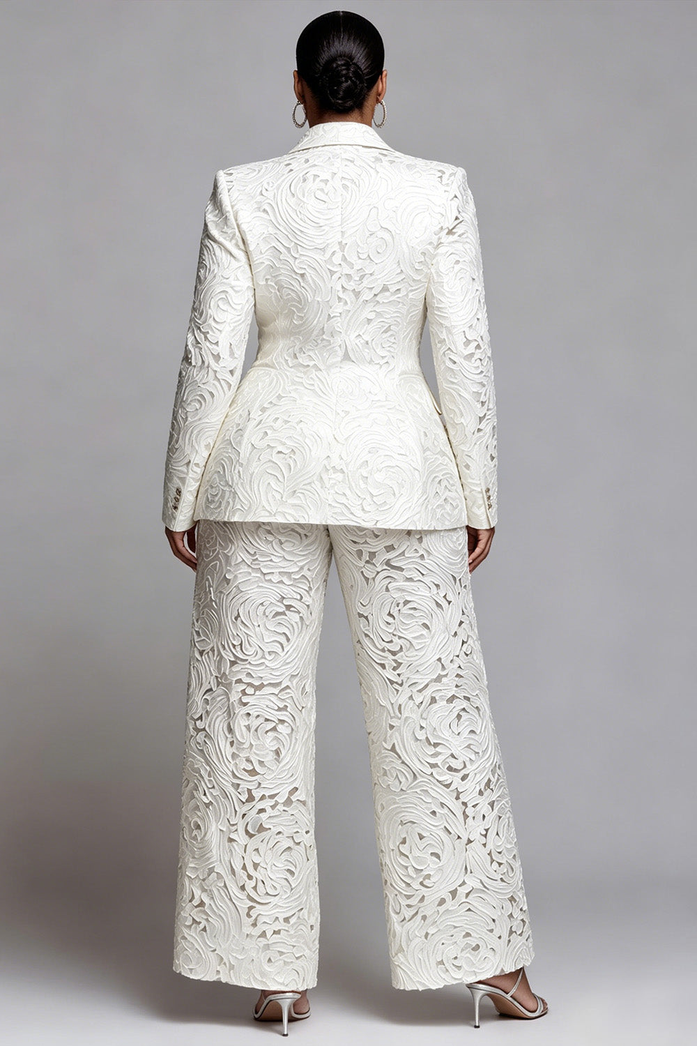 White Lapel Collar Long Sleeve Pocket Wide Leg Two Piece Pant Suits