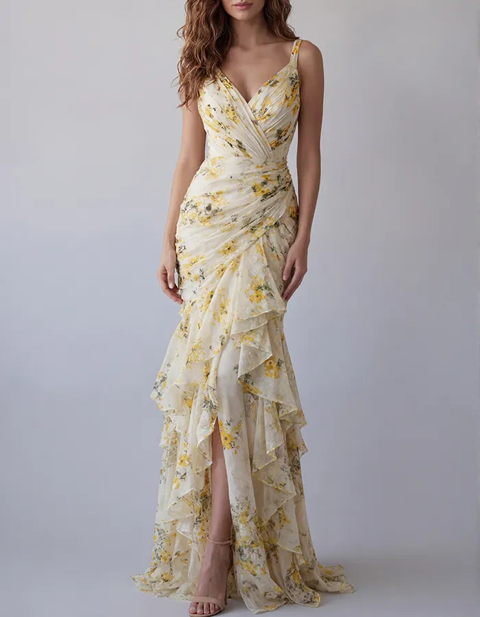 Yellow Floral V-Neck Chiffon Tiered Mermaid Maxi Dress