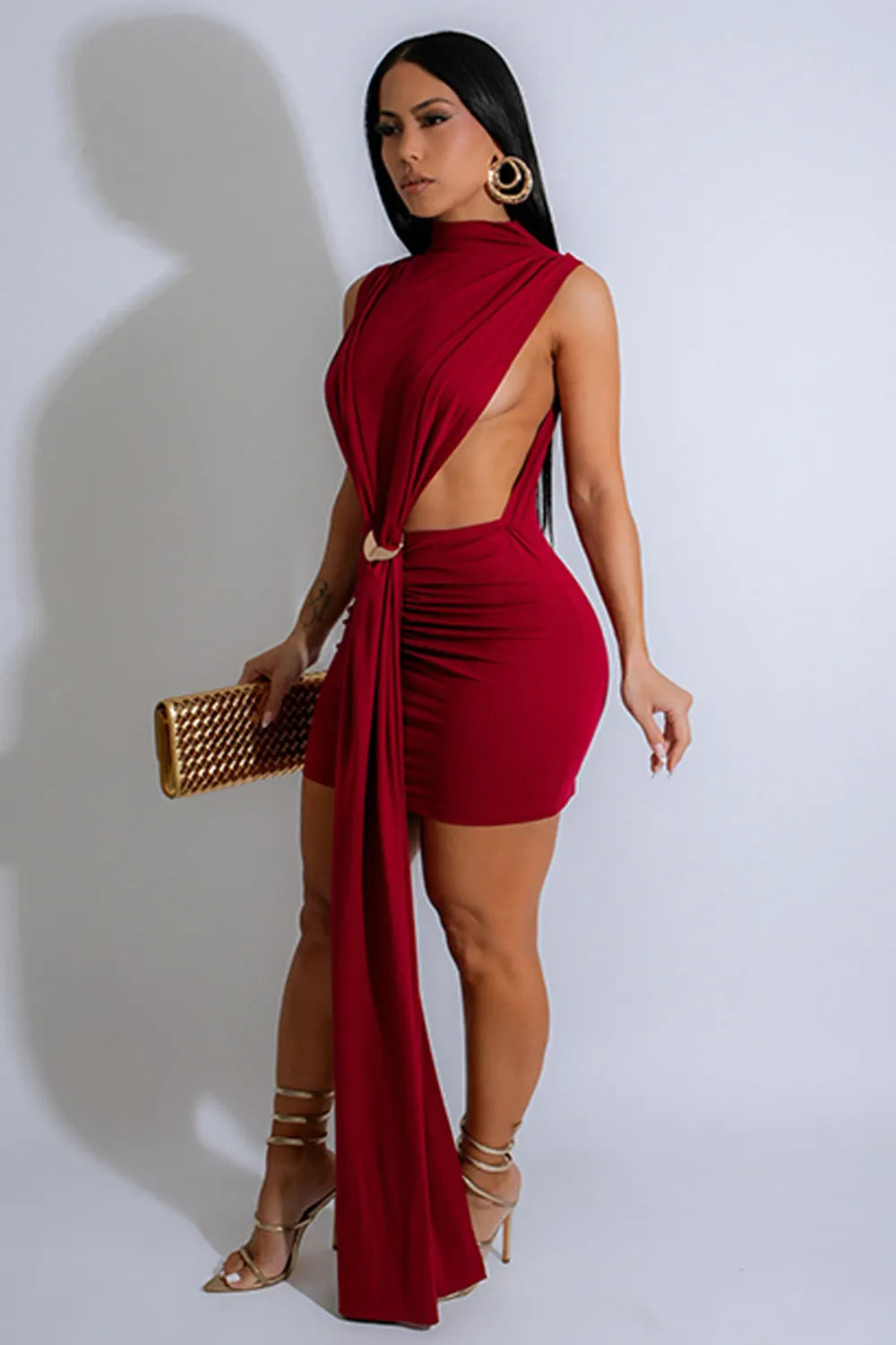 Mock Neck Sleeveless Long Streamer Ruched Bodycon Party Mini Dresses-Green