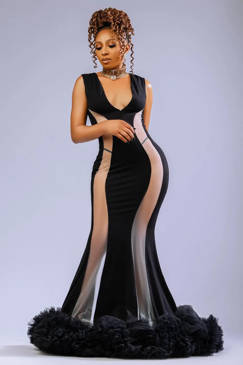 Deep V Neck Mesh Patchwork Ruffle Fluffy Hem Maxi Dresses-Black [Pre Order]