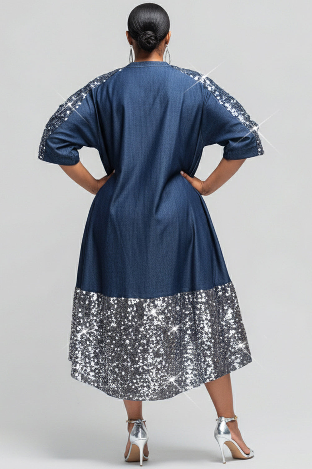 Xpluswear Design Plus Size Business Casual Sequin Blue Round Neck Half Sleeve Pocket Sequin Tencel Denim Midi Dresses