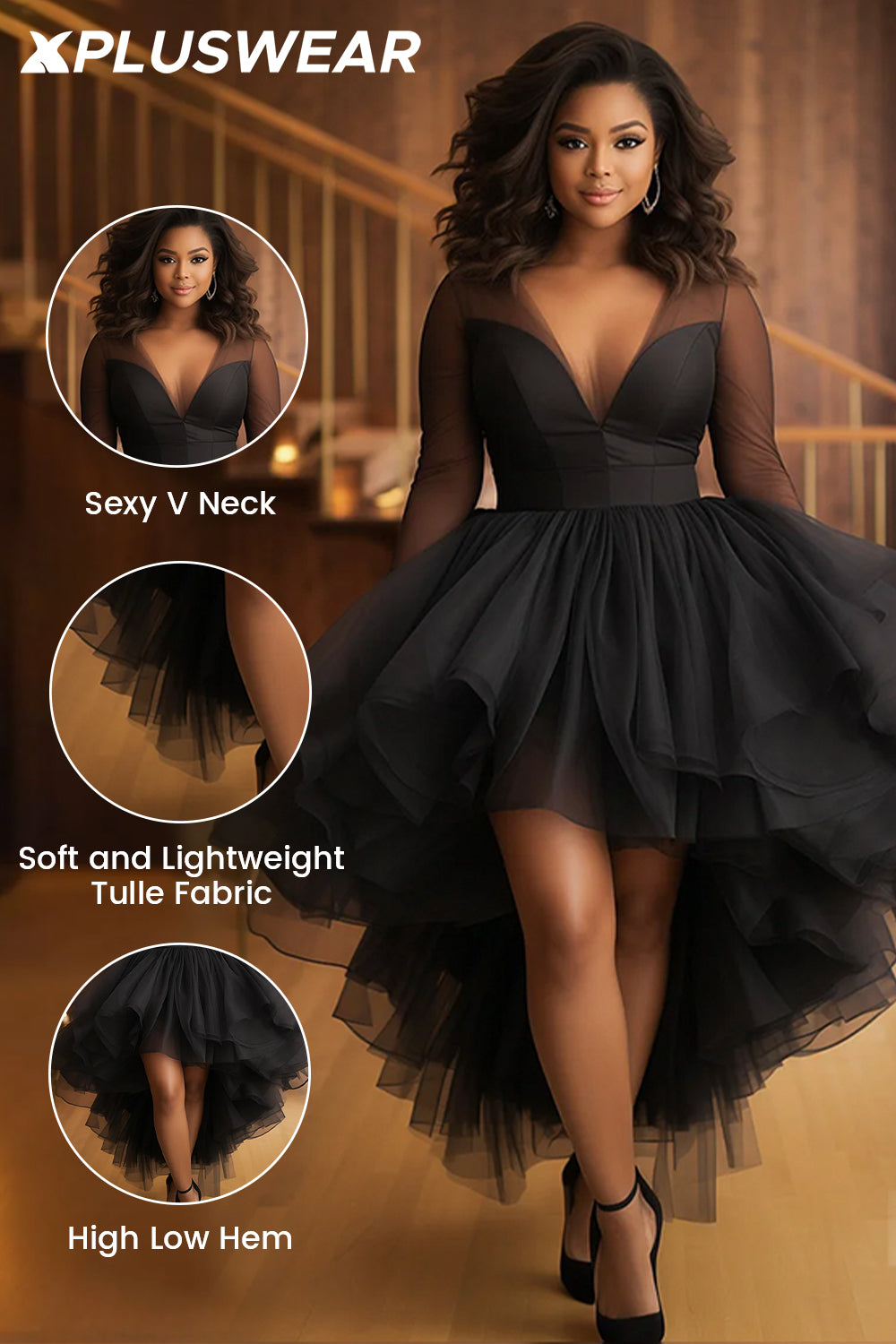 Cocktail Party Red V Neck Long Sleeve High Low Hem Ruffle Tulle Mini Dresses