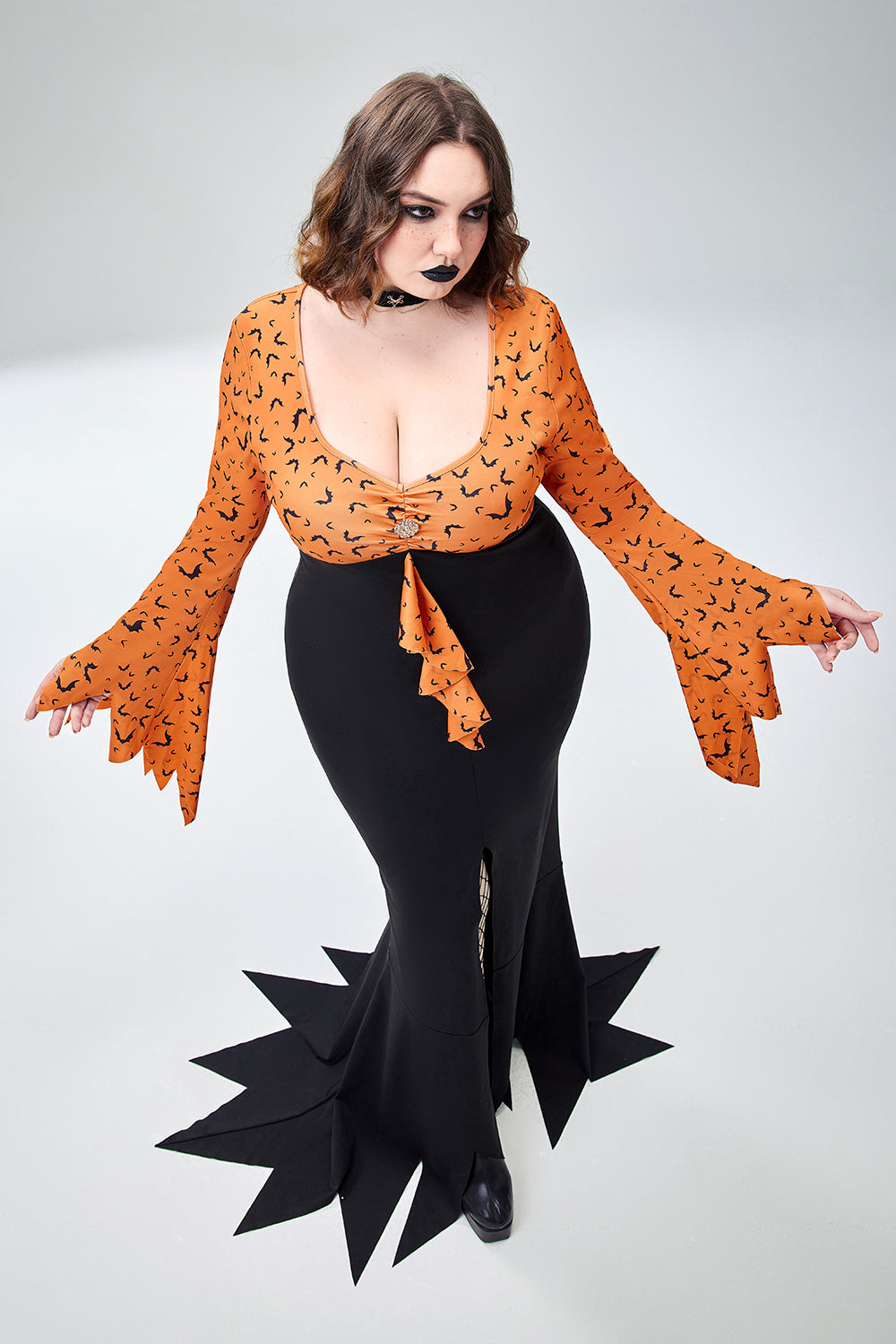 Halloween Costume Orange Bat Print Evil Queen Knitted Maxi Dress(Ships 24h)