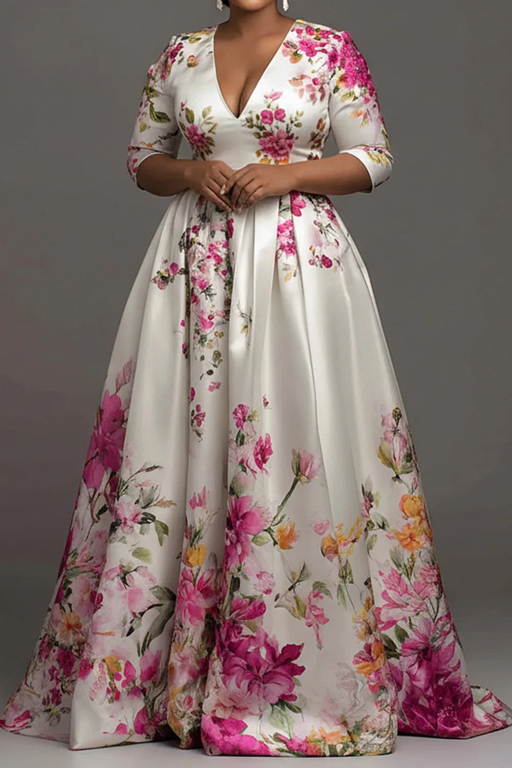Multicolor Floral V Neck Short Sleeve Pocket Satin Maxi Dresses