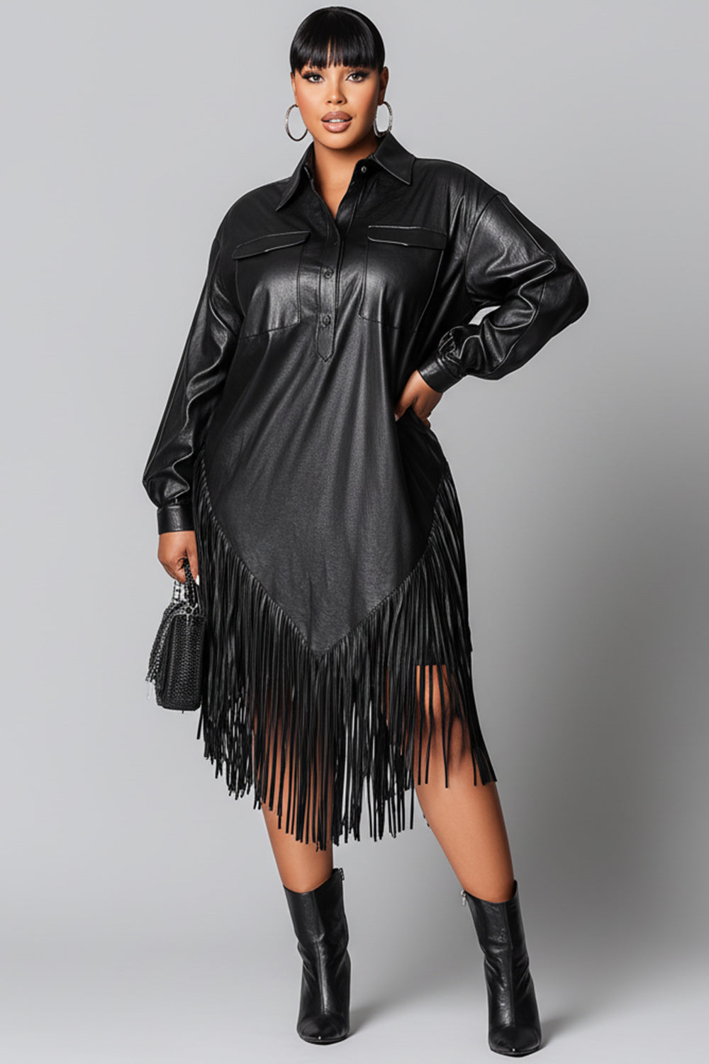 Festival Black Shirt Collar Long Sleeve Strappy Elegant PU Leather Midi Dresses