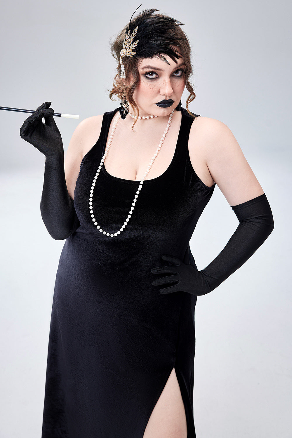 Halloween Costume 1920s Flapper Dress Gothic Square Collar Sleeveless High Split Velvet Midi Dress(Ships 24h)
