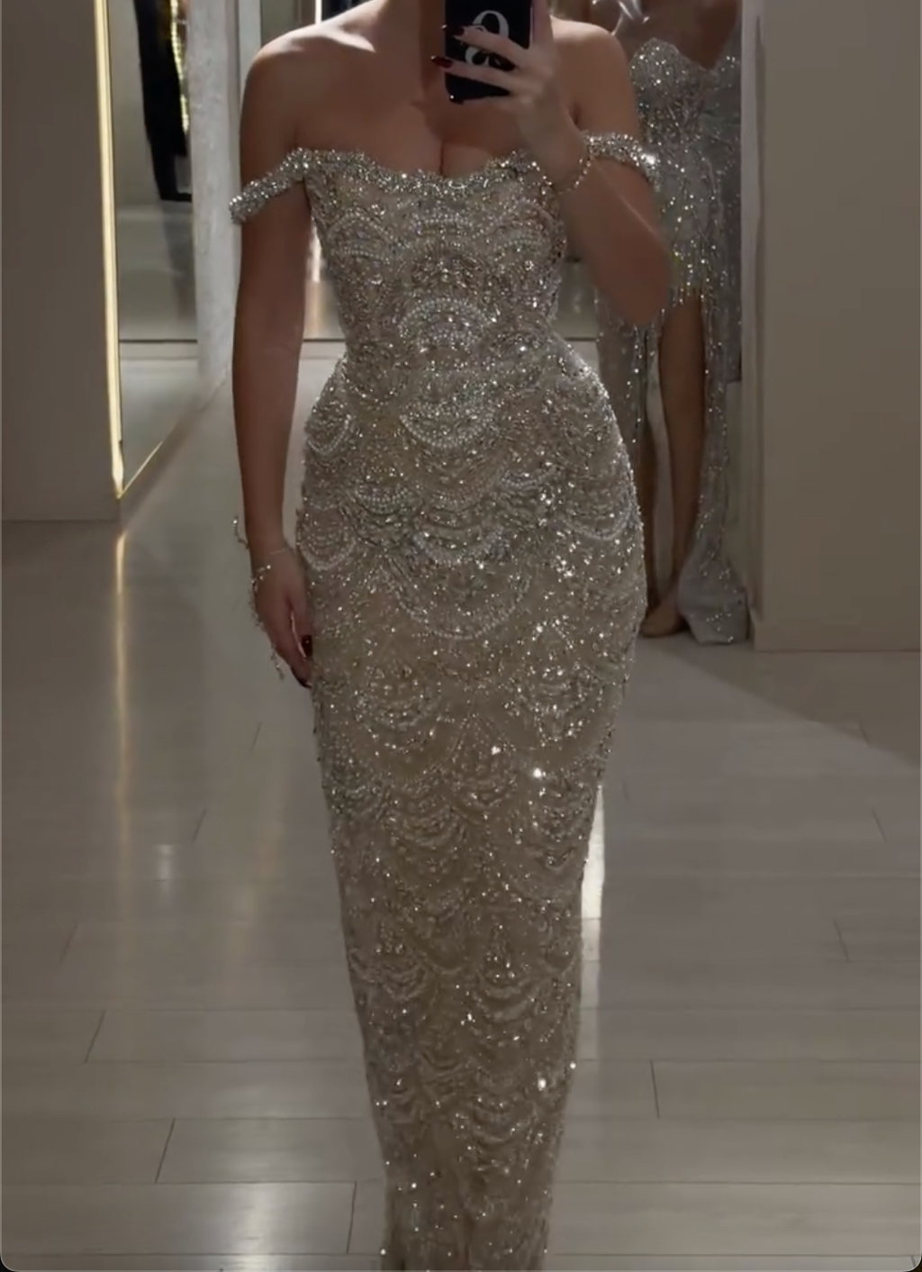 Silver Beaded Off-the-Shoulder Maxi Dress