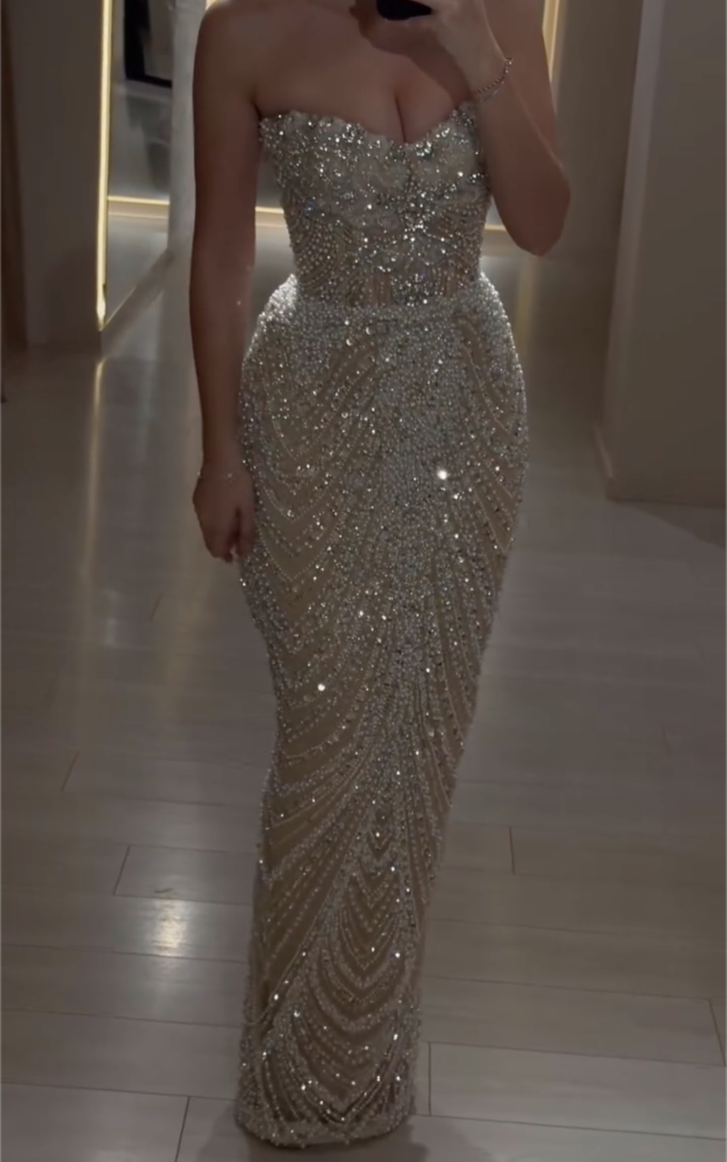 Champagne Strapless Beaded Mermaid Gown with Geometric Crystal Patterns