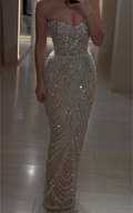 Champagne Strapless Beaded Mermaid Gown with Geometric Crystal Patterns
