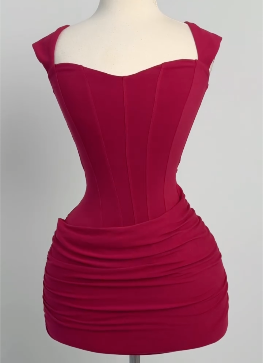 Square Neck Corset Ruched Satin Dress, Mini & Maxi Length, Blush Pink / Cream / Pale Yellow / Light Blue / Wine Red Evening Party Gown