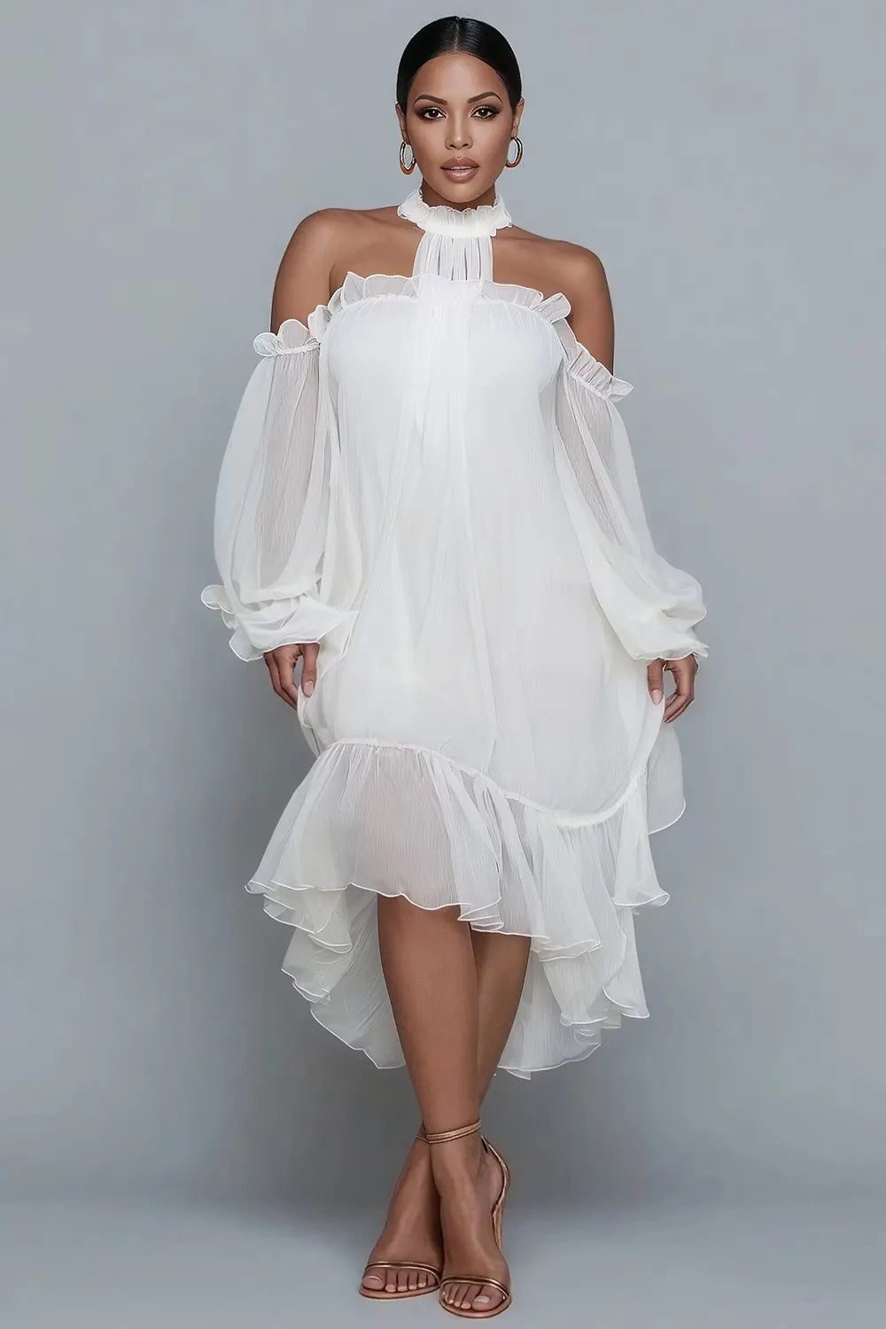 Birthday White Halter Collar Cold Shoulder Long Sleeve Ruffle Asymmetric Hem Irregular Hem Chiffon Midi Dresses