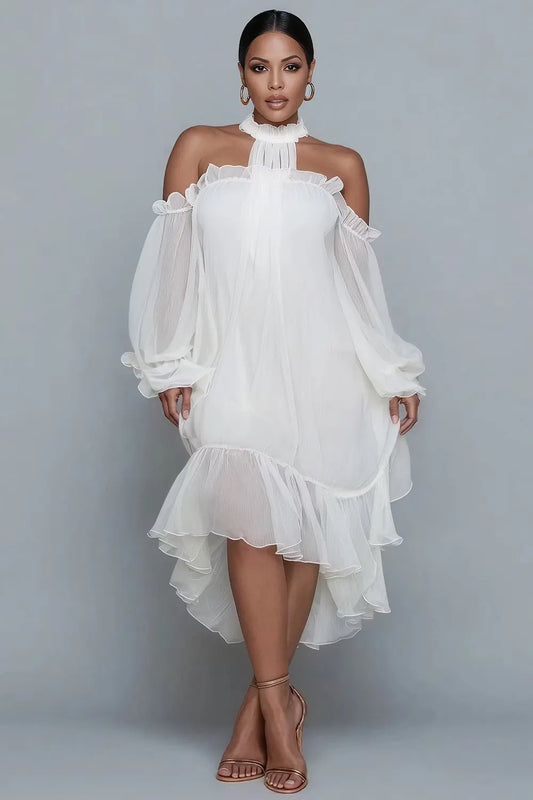 Birthday White Halter Collar Cold Shoulder Long Sleeve Ruffle Asymmetric Hem Irregular Hem Chiffon Midi Dresses