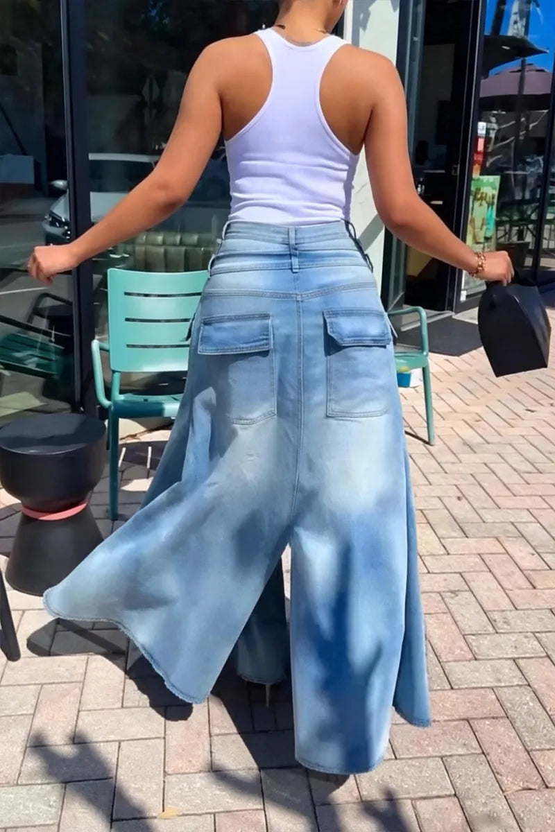 Women's Fashion Double-Layer Jeans Washed Denim Long Skort