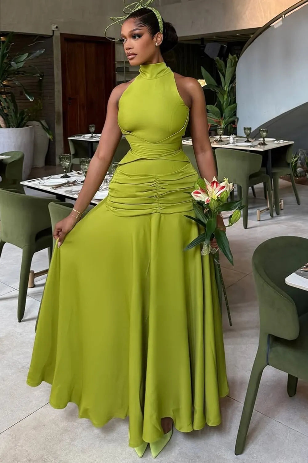 Mock Neck Off Shoulder Ruched Evening Gowns Maxi Dresses-Green [Pre Order]