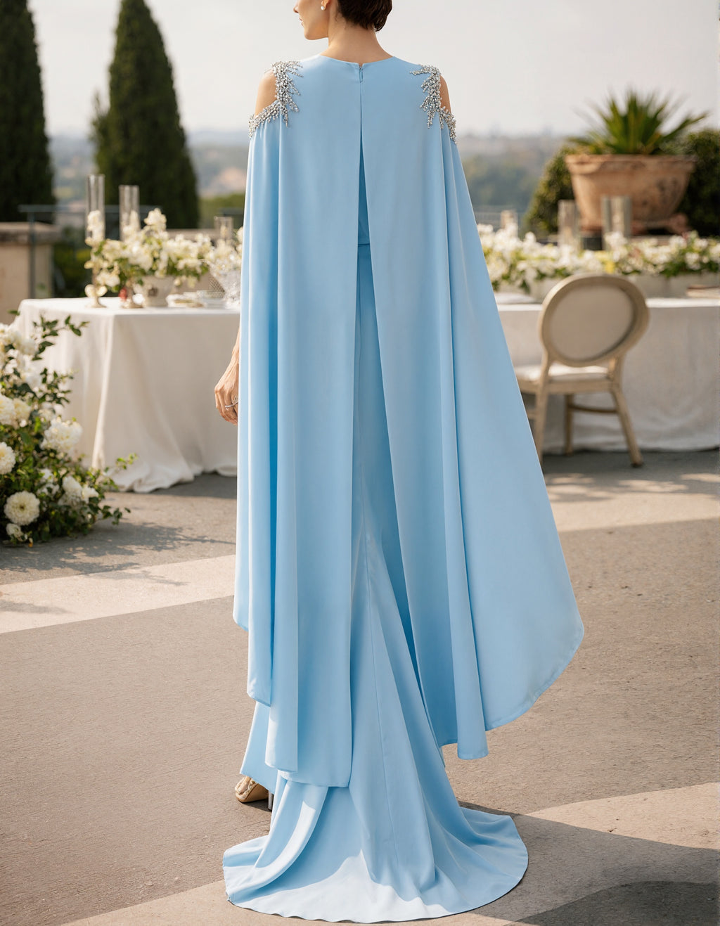 Ice Blue Draped Fabric Cape Maxi Dress