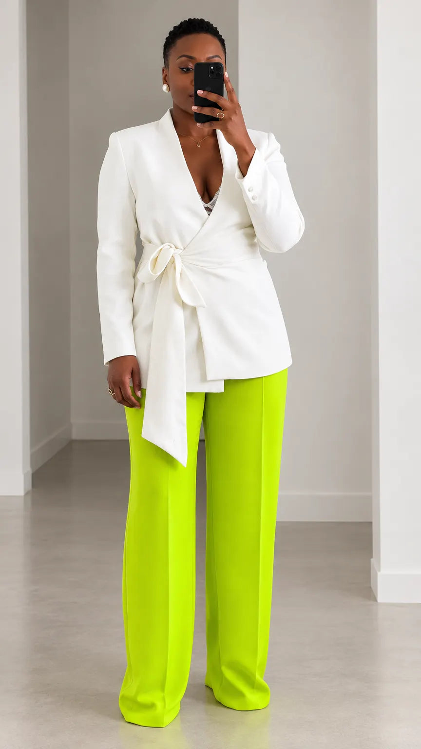 Women's Elegant Tie-Waist Wrap Blazer and Wide-Leg Trousers Two-Piece Suit Set