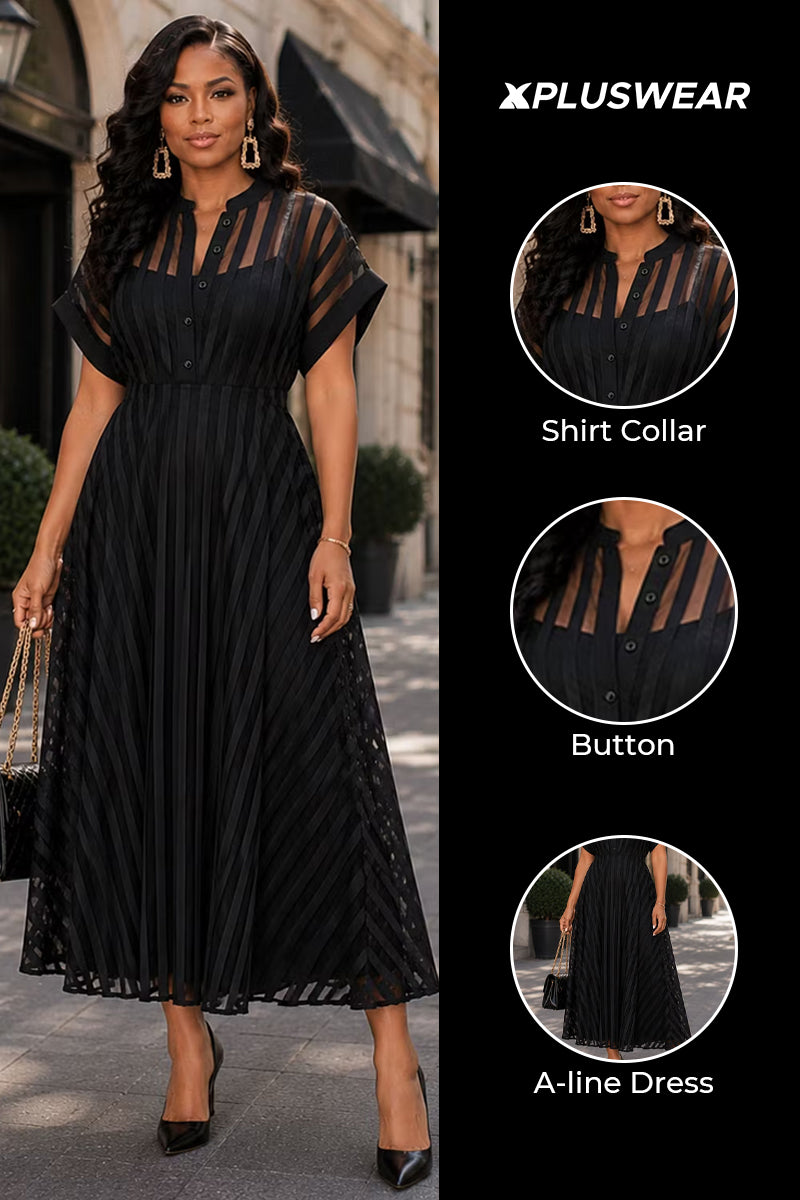 Business Casual Black Shirt Collar Short Sleeve See Through Button Midi Dresses