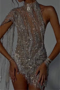 Silver High Neck One‐Sleeve Tassel Fringe Beaded Sheer Mini Dress, Formal Party Gown for Club Birthday Gala Pageant