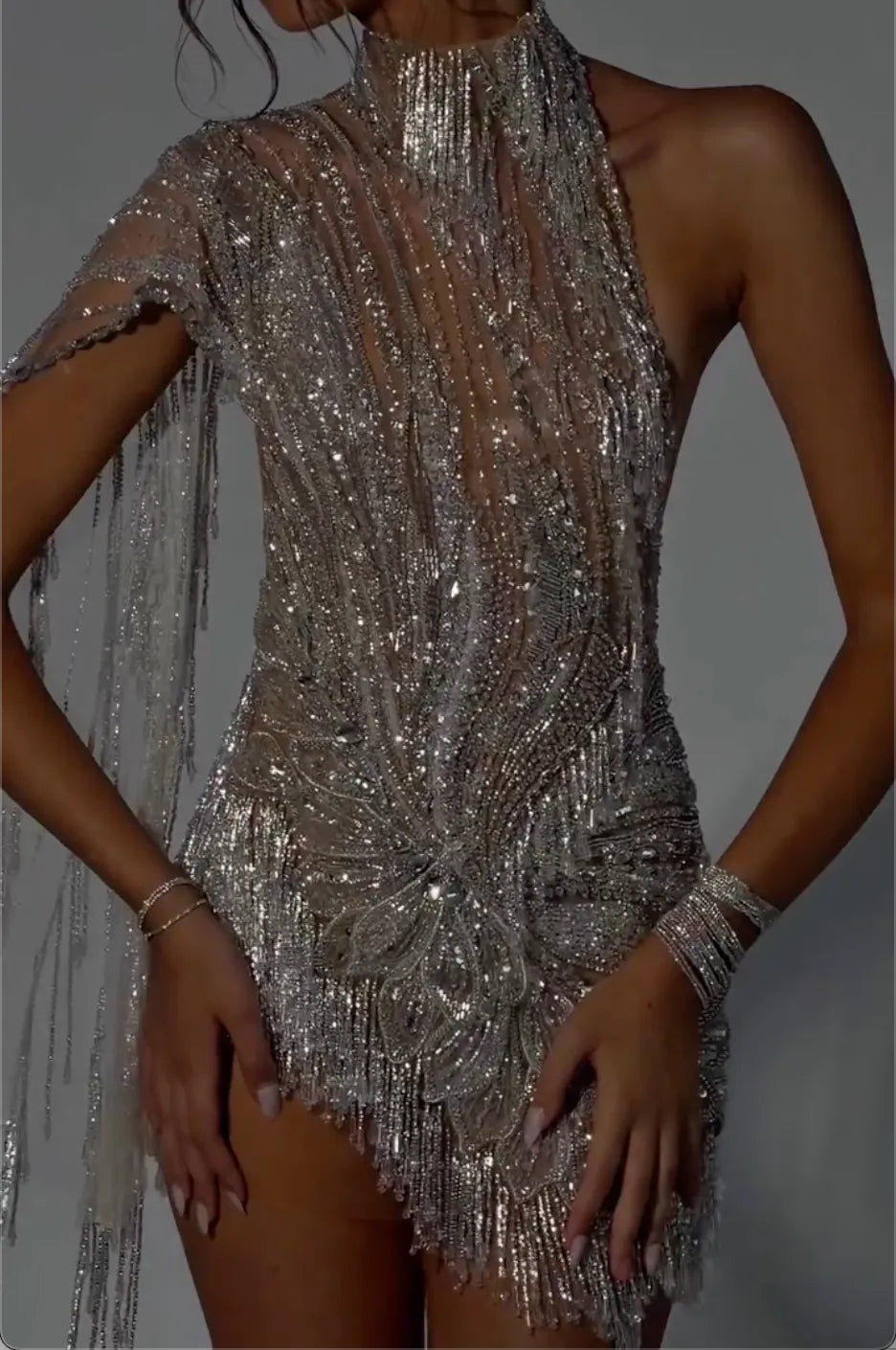 Silver High Neck One‐Sleeve Tassel Fringe Beaded Sheer Mini Dress, Formal Party Gown for Club Birthday Gala Pageant