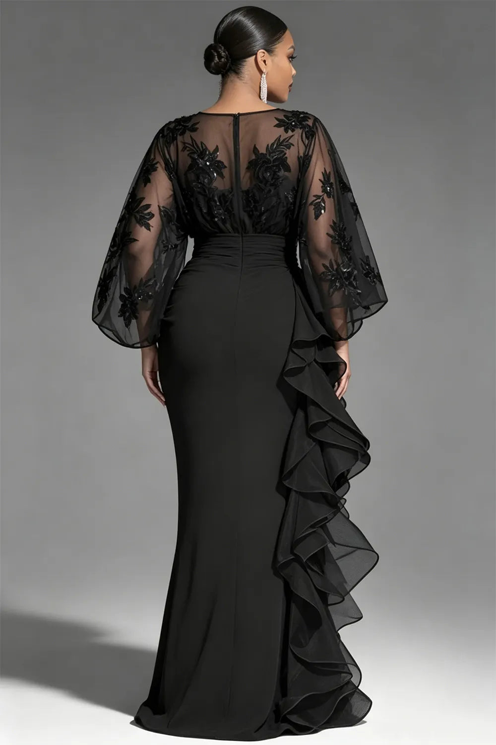 Black V Neck 3/4 Sleeve Ruffle Contrast Chiffon Maxi Dresses