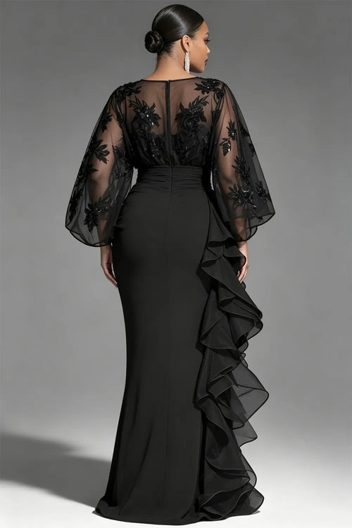 Black V Neck 3/4 Sleeve Ruffle Contrast Chiffon Maxi Dresses