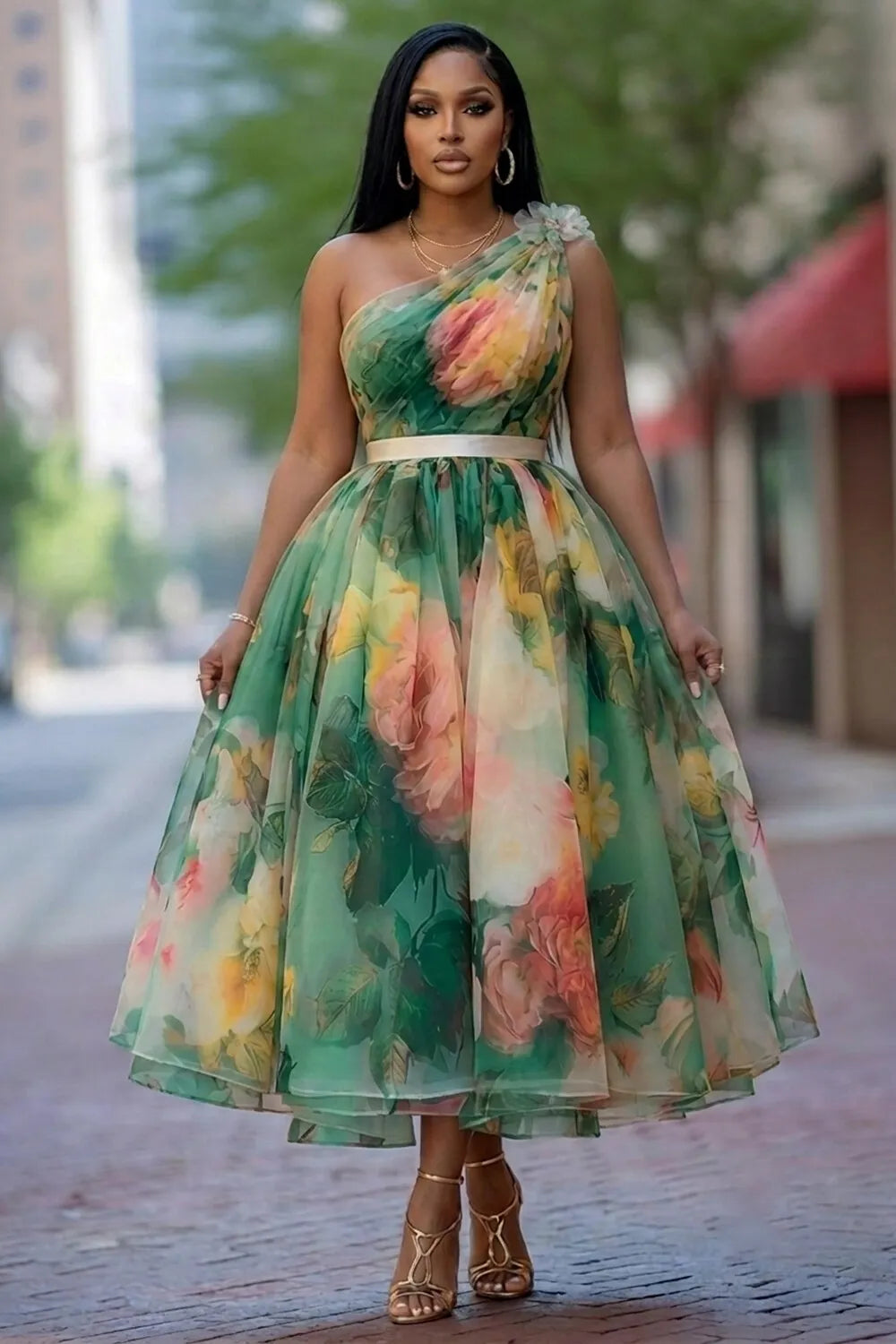 Floral Print One Shoulder A-Line Vacation Midi Dresses-Green [Pre Order]