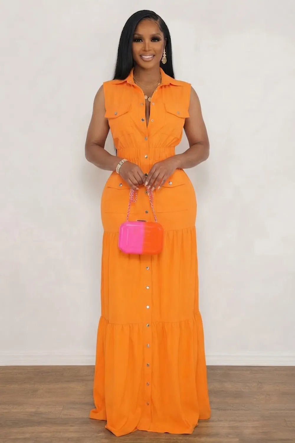 Turndown Collar Sleeveless Single Breasted Multi-Pocket Maxi Dresses-Orange