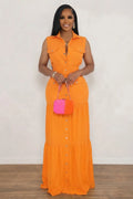 Turndown Collar Sleeveless Single Breasted Multi-Pocket Maxi Dresses-Orange