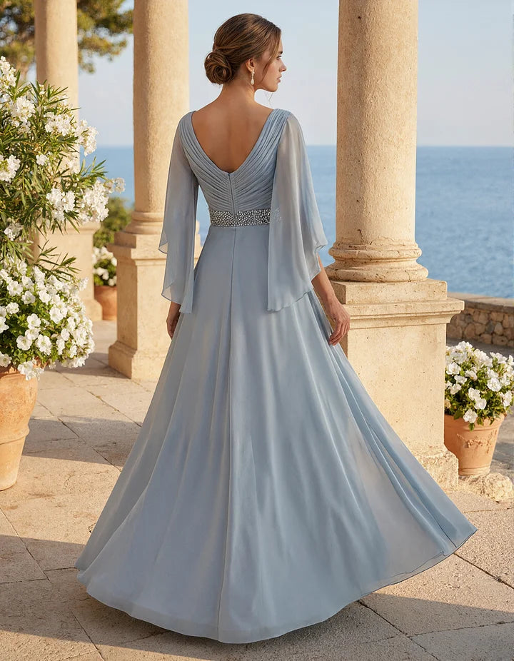 Ice Blue Chiffon Cape Sleeves Maxi Dress