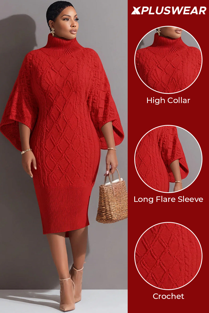 Business Casual Red High Collar Flare Long Sleeve Bodycon Elegant Crochet Midi Dresses