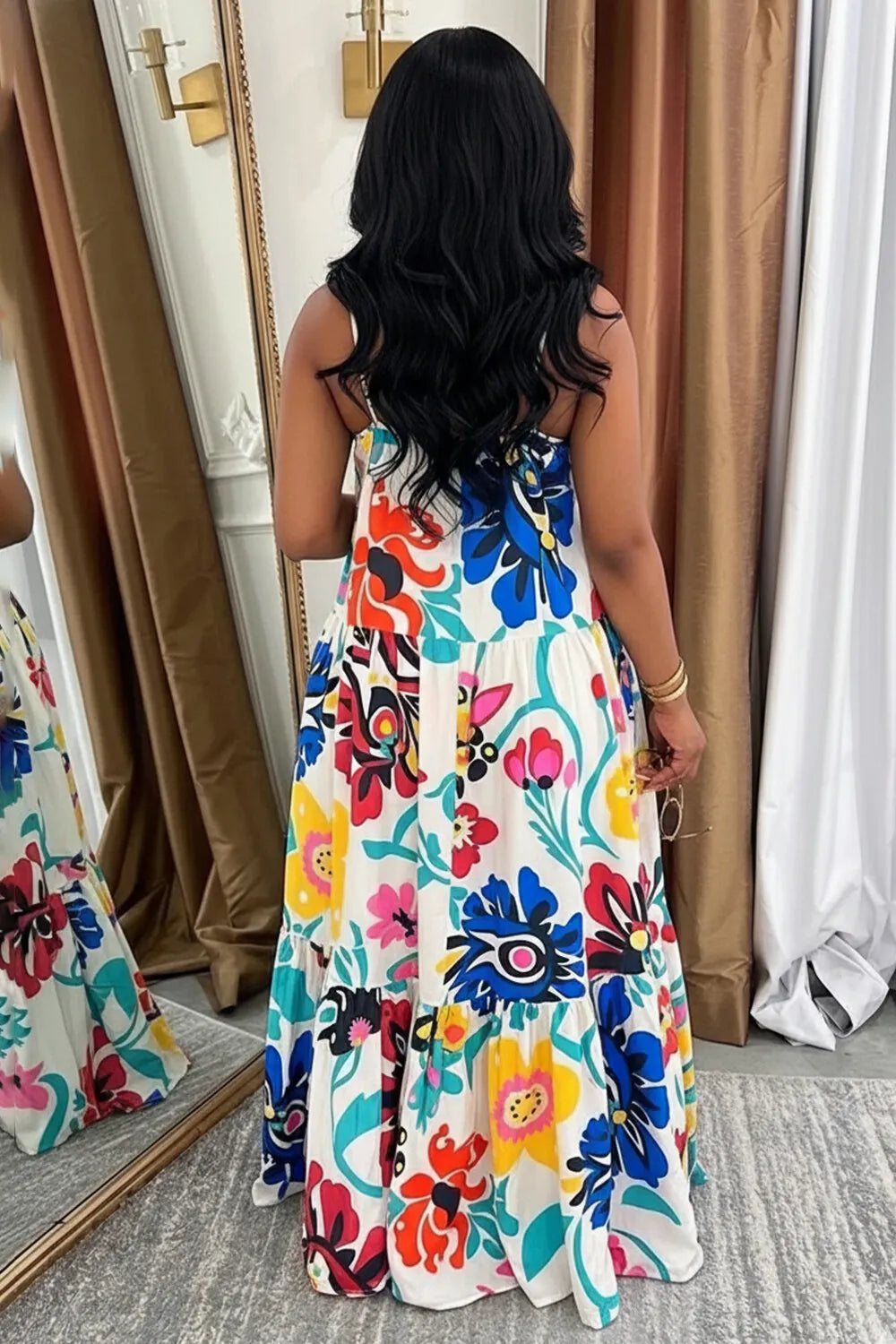 Cami Neck Floral Print Loose Fit Vacation Maxi Dresses-Multicolor