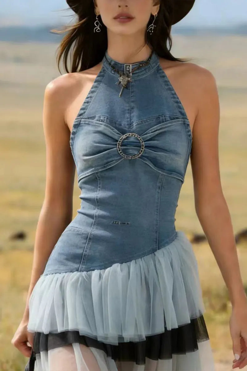 Ladies' Fashionable Chiffon Pleated Patchwork Denim Sleeveless Dress