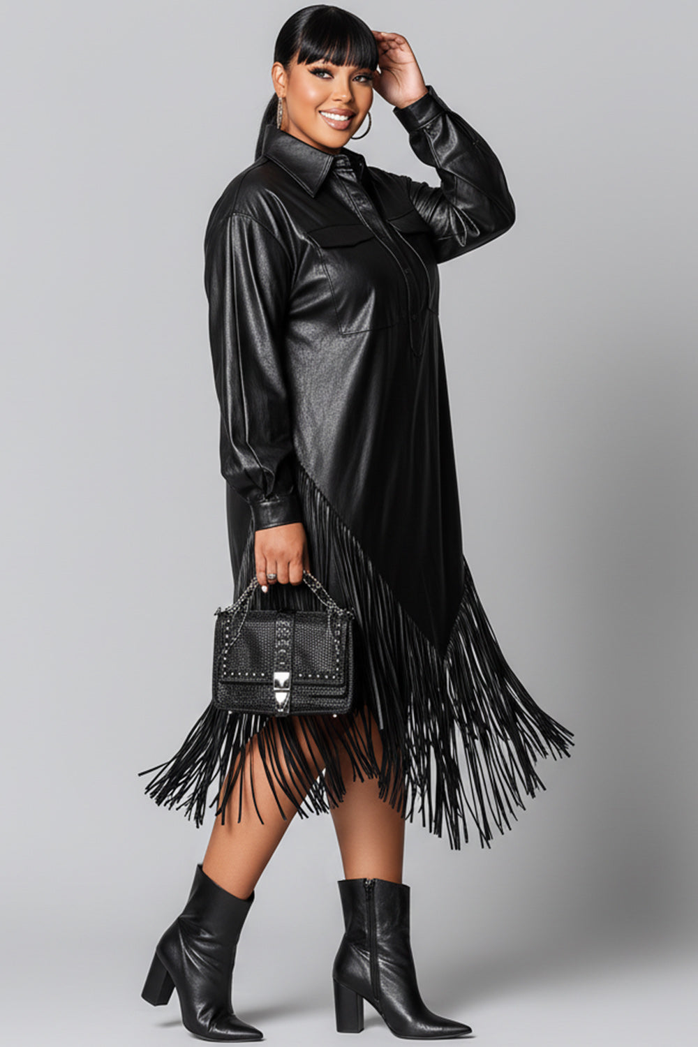 Festival Black Shirt Collar Long Sleeve Strappy Elegant PU Leather Midi Dresses