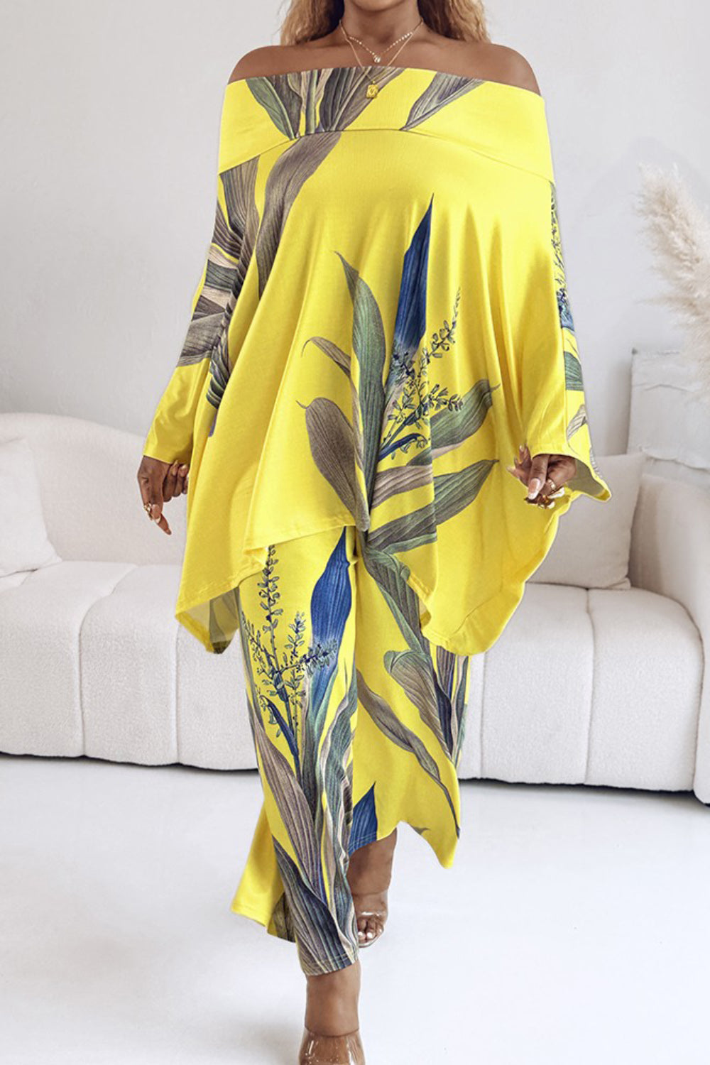 Plus Size Vacation Yellow Tropical Print Off The Shoulder Pocket Casual Two Piece Pant Sets