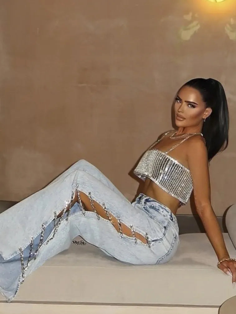 Designer Low Rise Draped Diamond Wide Leg Jeans