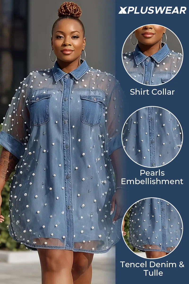 Xpluswear Design Plus Size Festival Casual Tulle Blue Shirt Collar Short Sleeve Pearls See Through Tencel Denim Mini Dresses [Pre-Order]