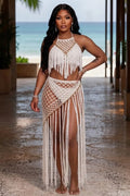 Hollow Out Crochet Knitted Long Fringe Halter Top Maxi Skirt 2pcs Set-White