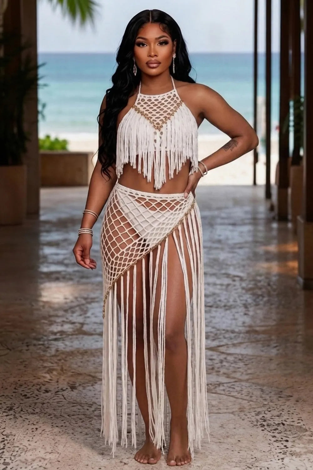 Hollow Out Crochet Knitted Long Fringe Halter Top Maxi Skirt 2pcs Set-White