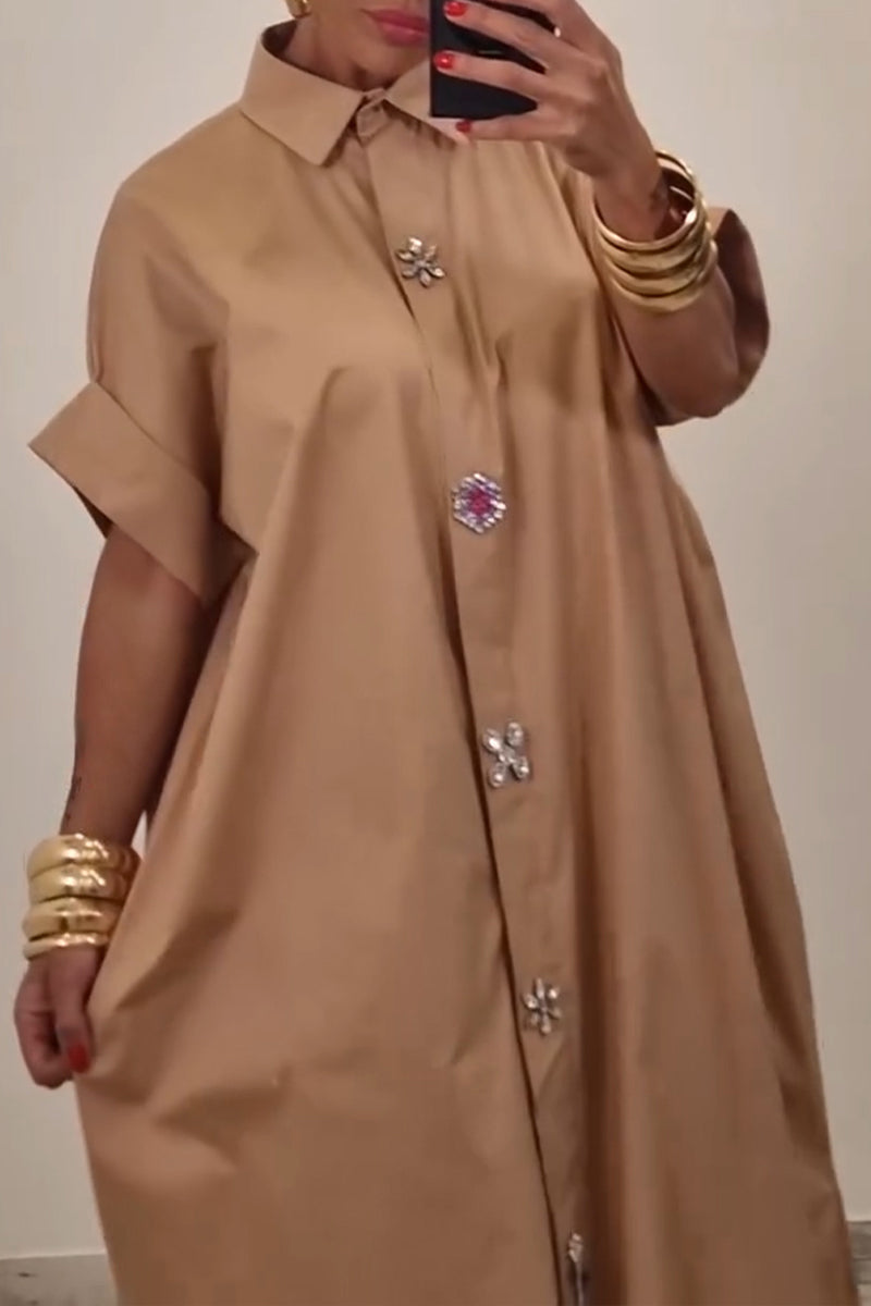 Women's Casual Rhinestone Button Decorative Loose Shirt Dress