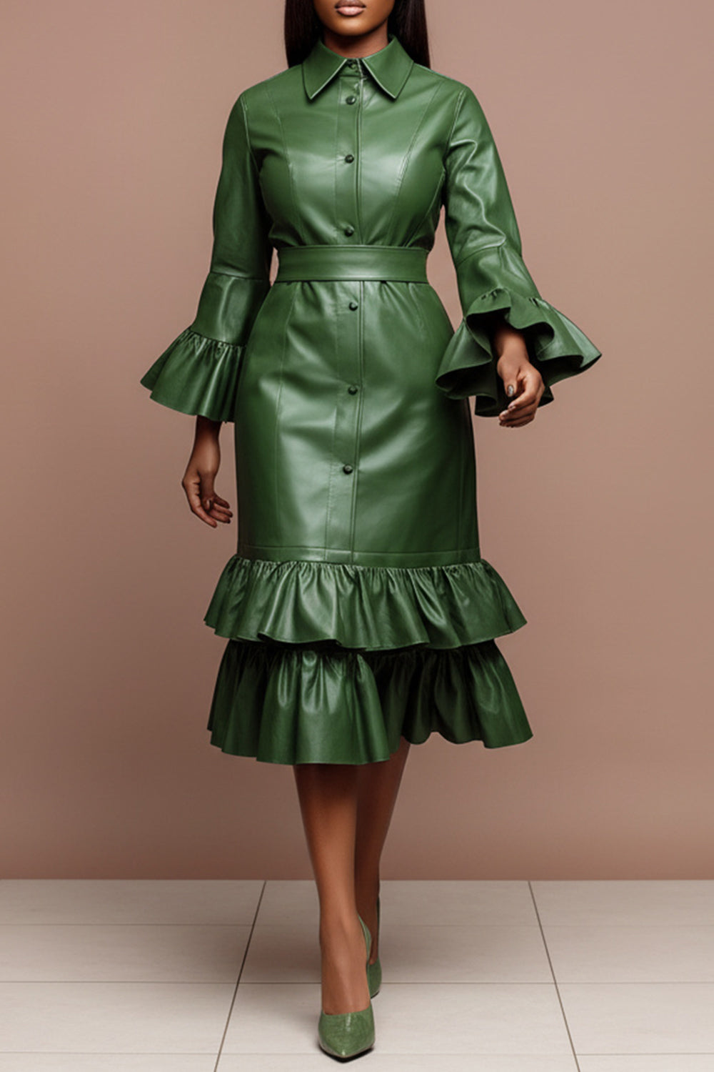 Business Casual Green Shirt Collar Flare Long Sleeve Ruffle Elegant Bodycon PU Leather Midi Dresses