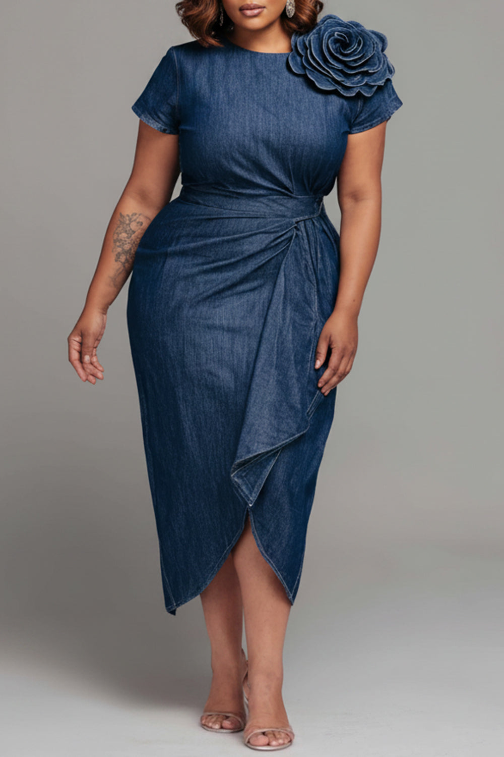 Xpluswear Design Plus Size Business Casual Blue Round Neck Short Sleeve 3D Fold Tencel Denim Midi Dresses