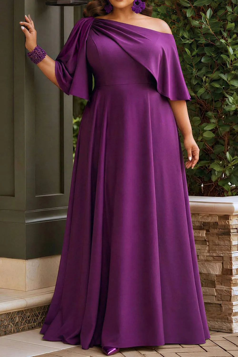 Purple Oblique Collar Half Sleeve Ruffle Maxi Dresses [Pre-Order]