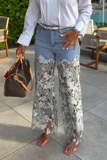 Women's Elegant Lace Panel Rhinestone Jeans