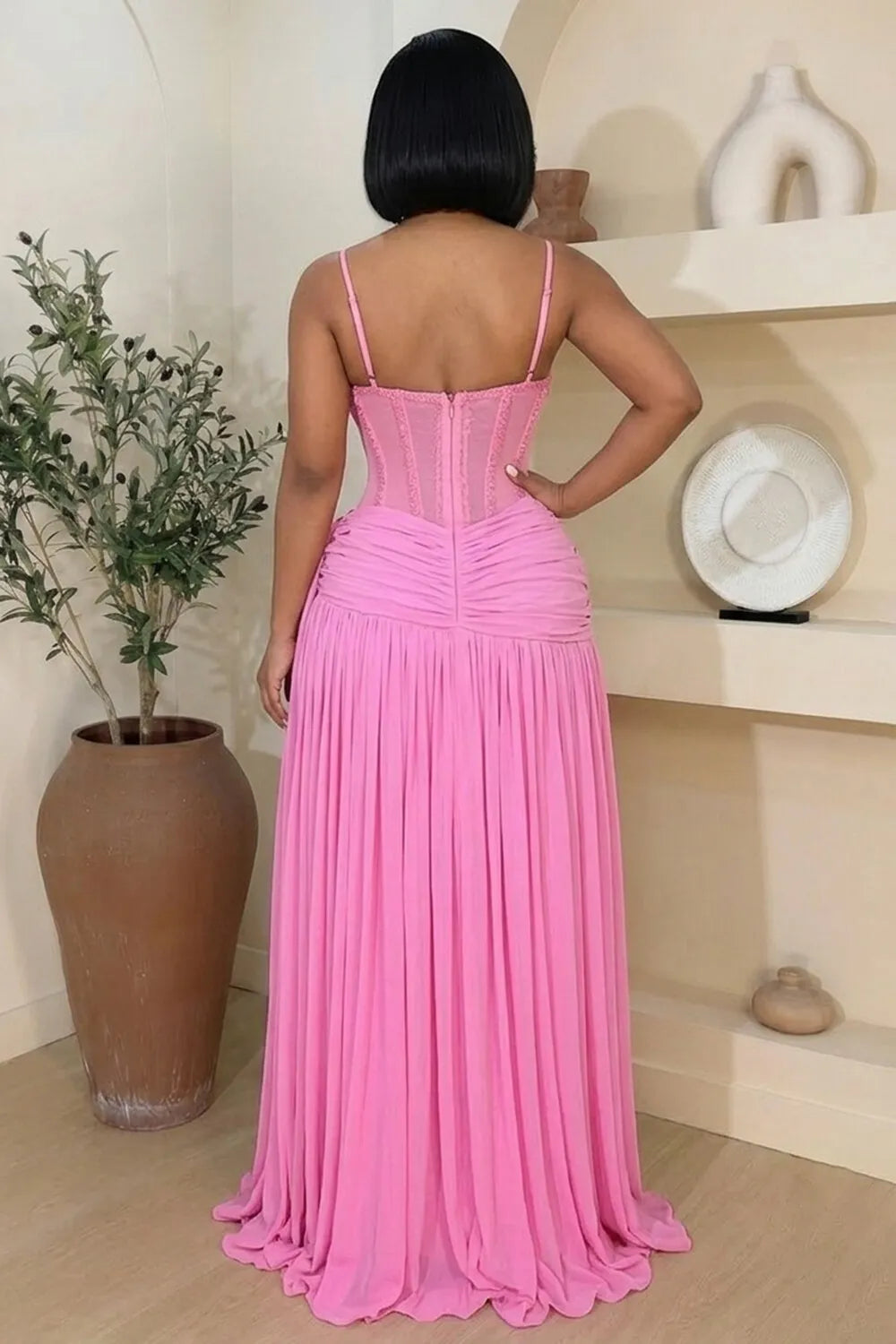 Cami Neck Rhinestone Mesh Patchwork Ruched Maxi Dresses-Brown [Pre Order]